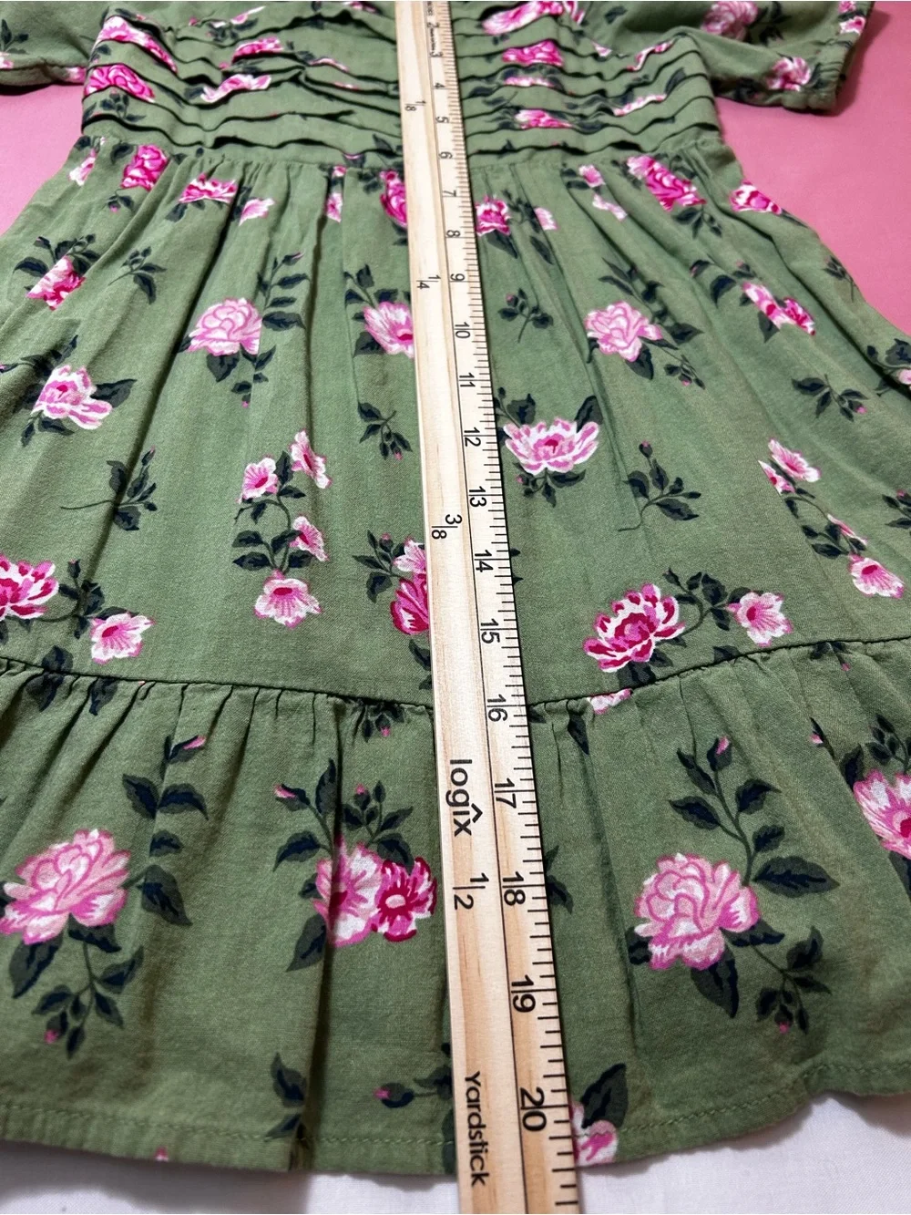 Girls Olive Green Floral Smocked Dress with Pink Roses Size 5